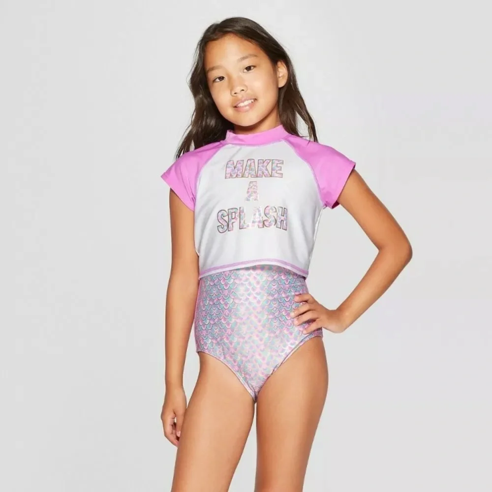NWT Cat & Jack 1pc Swim Wear w/ Rash Guard Summer Wear Size 7/8